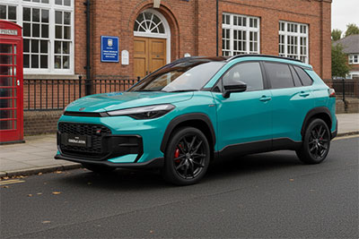 Turquoise crossover parked near building