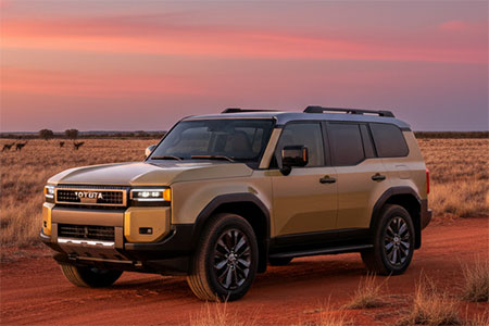 Toyota Land Cruiser 250 Prado SUV against a sunset landscape