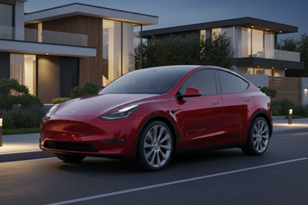 “red tesla model Y parked in a trendy neighbourhood