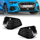 Audi A3 S-Line 2021 2022 2023 front bumper fog lamp cover pair in black and chrome silver honeycomb hex grille design