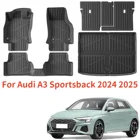 Black 3D TPE custom-fit floor mats and boot liner set for Audi A3 Sportsback 2024 2025 left-hand drive, showing front mats, rear mats, and full trunk tray with raised edges and anti-slip backing