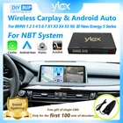 Wireless CarPlay and Android Auto decoder box for BMW NBT system showing unit dimensions 153x103x23mm with CAN cable, LVDS cable, USB cable and WiFi antenna accessories, compatible with BMW 1 2 3 4 5 6 7 Series and X1 to X6 models