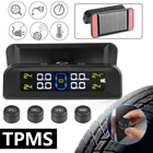 Solar TPMS tire pressure monitoring system with 4 external sensors and digital display mounted on car windscreen